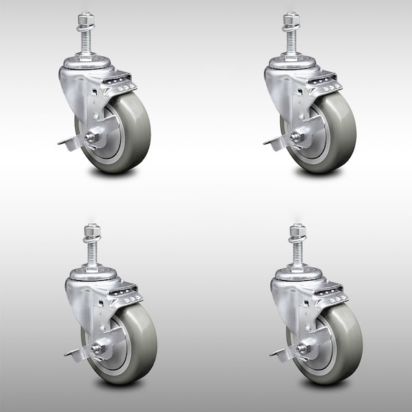 Service Caster 5 Inch SS Gray Polyurethane Wheel Swivel 10mm Threaded Stem Caster Set Brake SCC-SSTS20S514-PPUB-TLB-M1015-4 - main